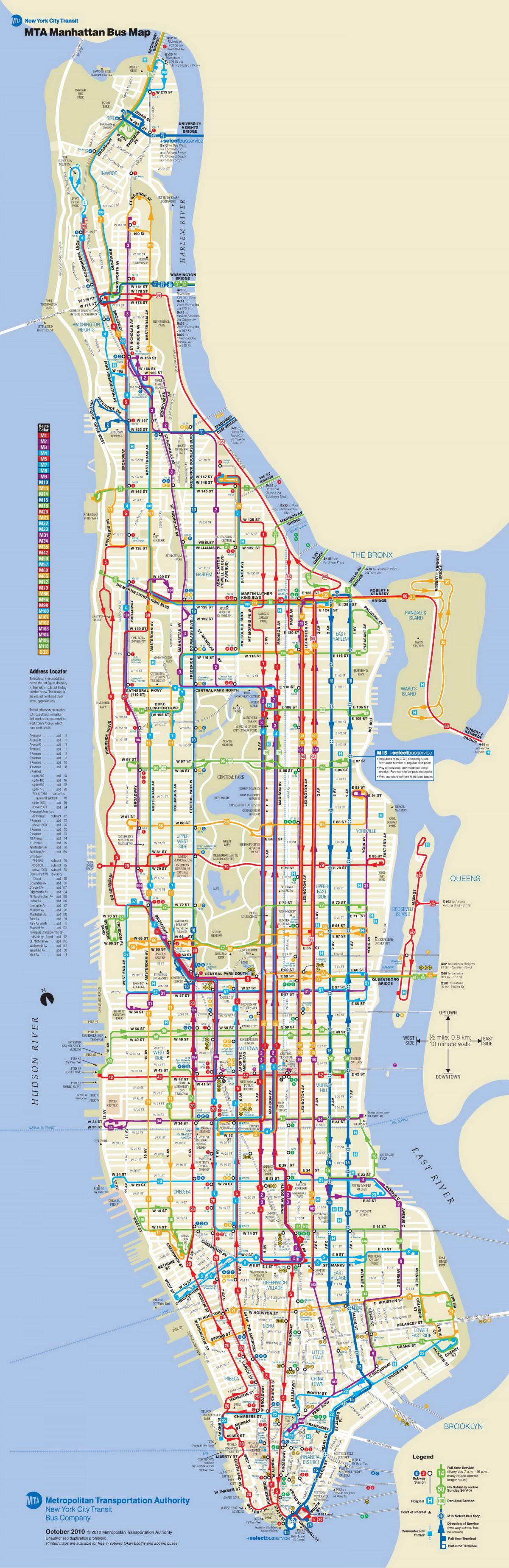NYC bus kaart van Manhattan