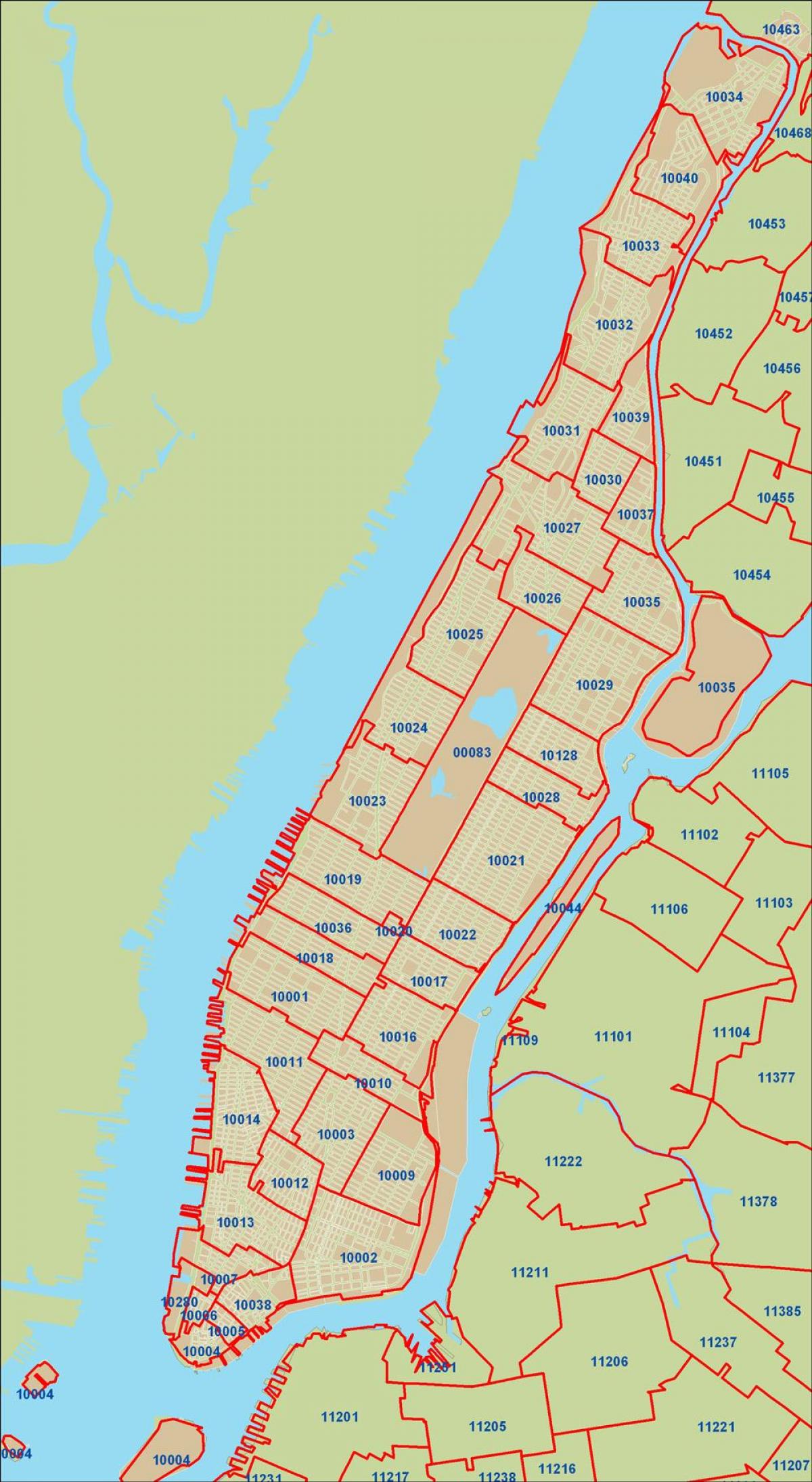 NYC postcode kaart van Manhattan